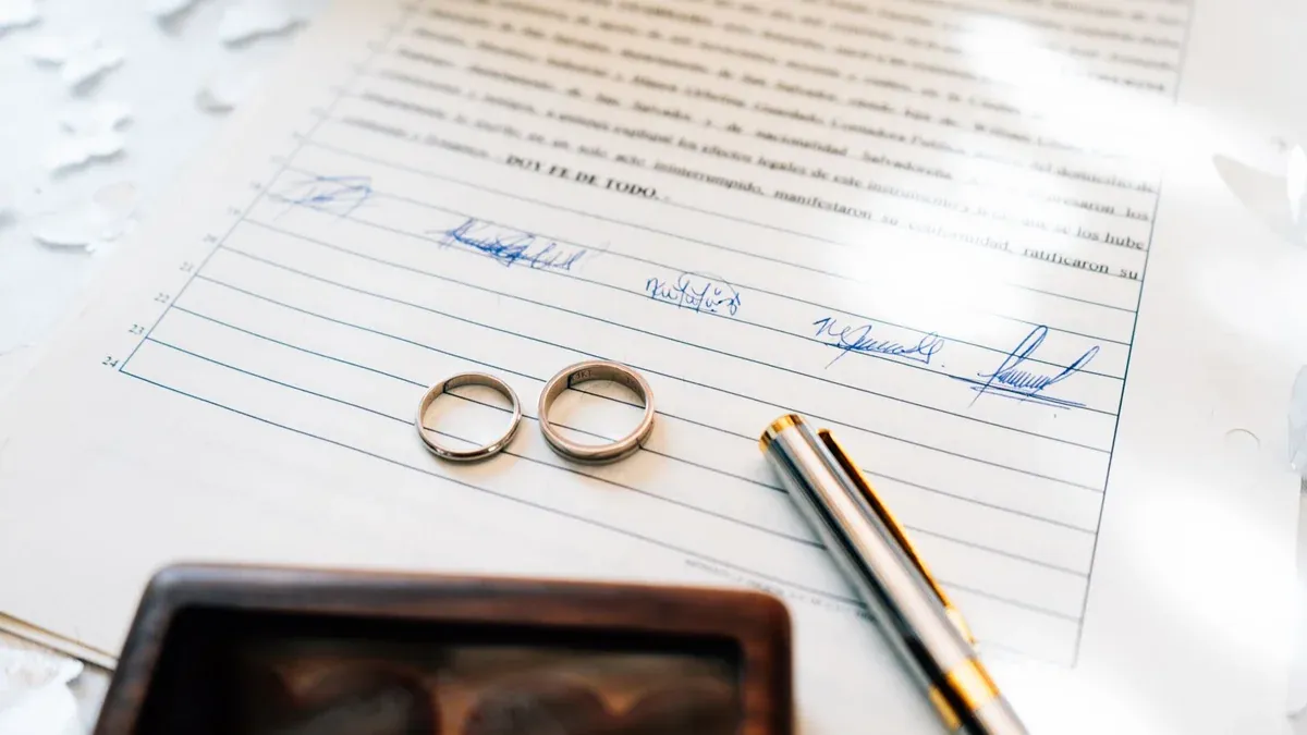 Elegant wedding rings laid on a signed marriage certificate, symbolizing commitment.