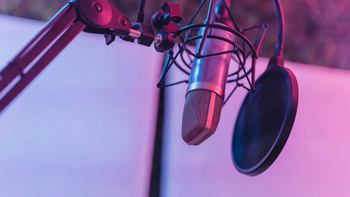 A close-up view of a microphone in a vibrant studio environment, ideal for podcasts and voice recording.