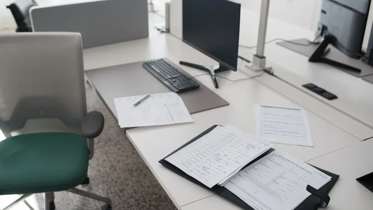 A clean and organized office desk with documents, a computer, and chair in a modern workspace.
