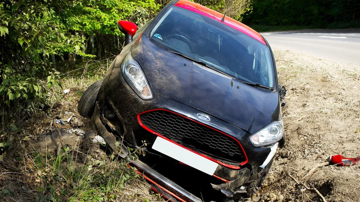 A black car, seemingly a Ford, crashed and damaged in a roadside ditch with surrounding greenery.