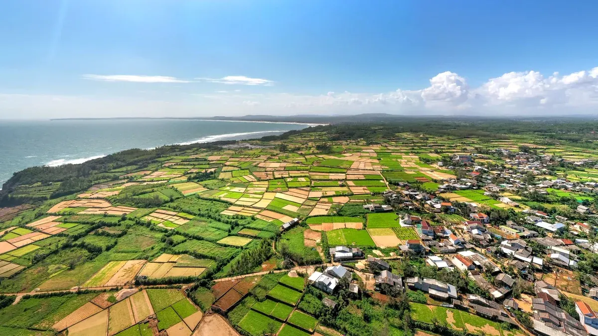 A stunning aerial shot capturing lush farmlands by the coast with a clear view of the ocean and a nearby town.