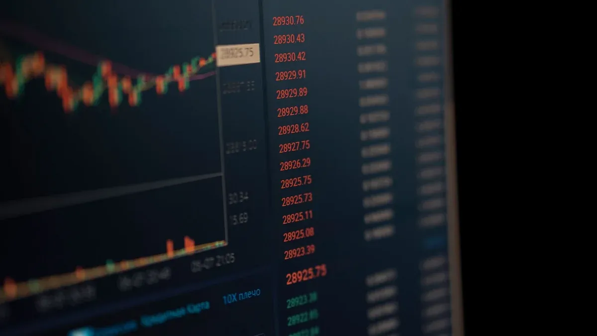 Close-up of a computer screen showing dynamic financial market data and charts, indicating real-time trading updates.