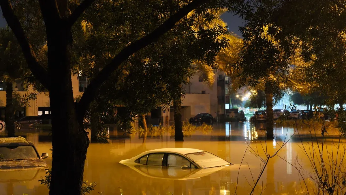 A dramatic scene of submerged cars in a flooded street surrounded by trees at night.