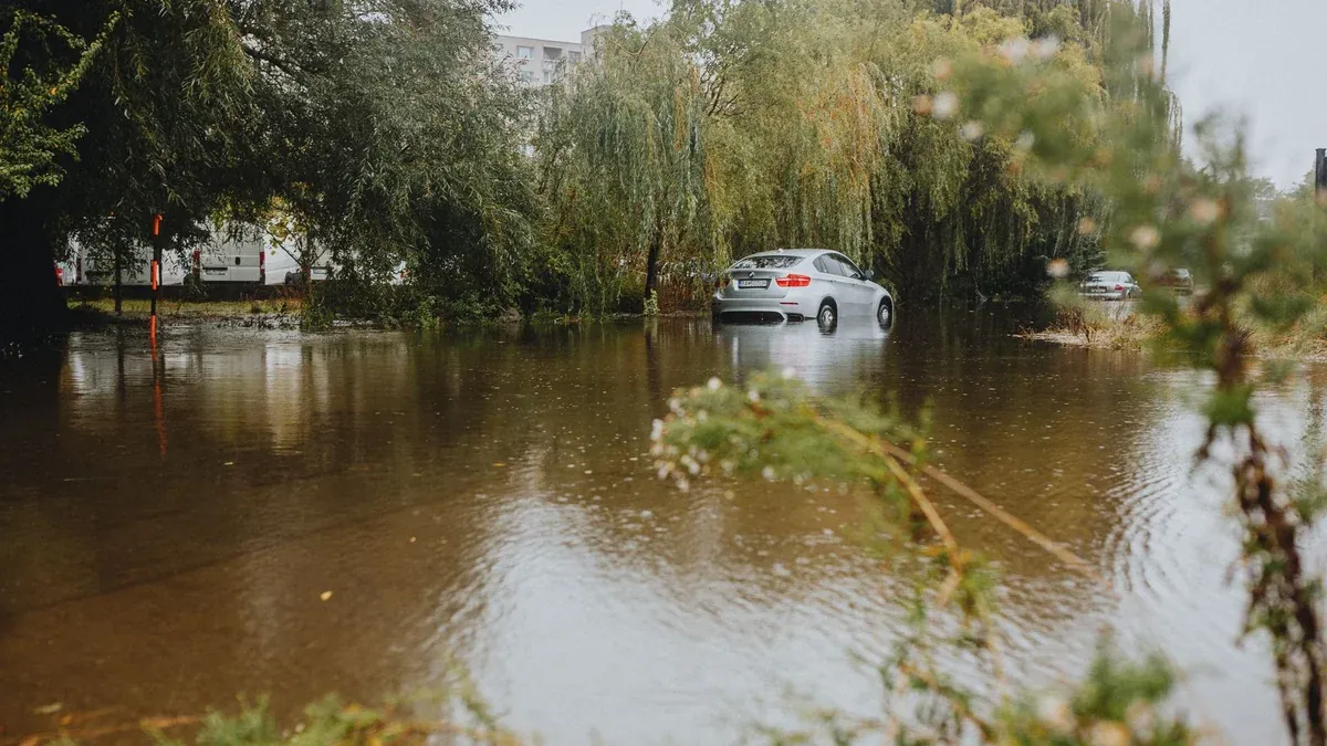 A car struggles through a flooded street surrounded by trees after a heavy rainstorm.