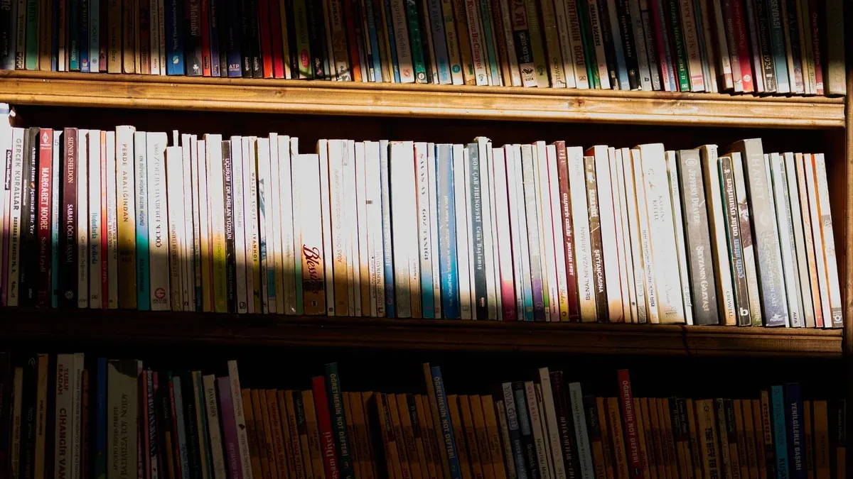 A library bookshelf bathed in sunlight casting shadows on rows of books.