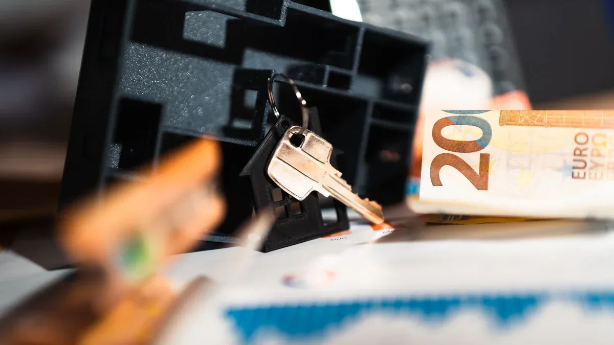 Keys with a house model, Euro bills, and charts suggesting real estate and financial themes.