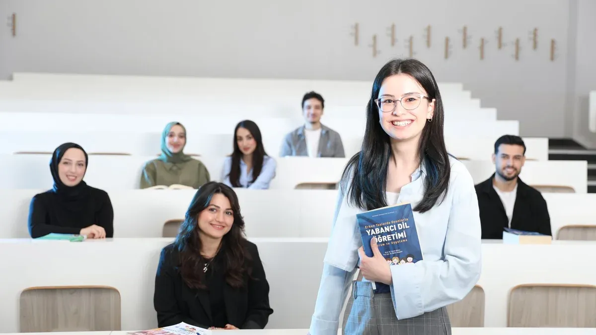 Group of diverse university students in a bright lecture hall, studying language education.