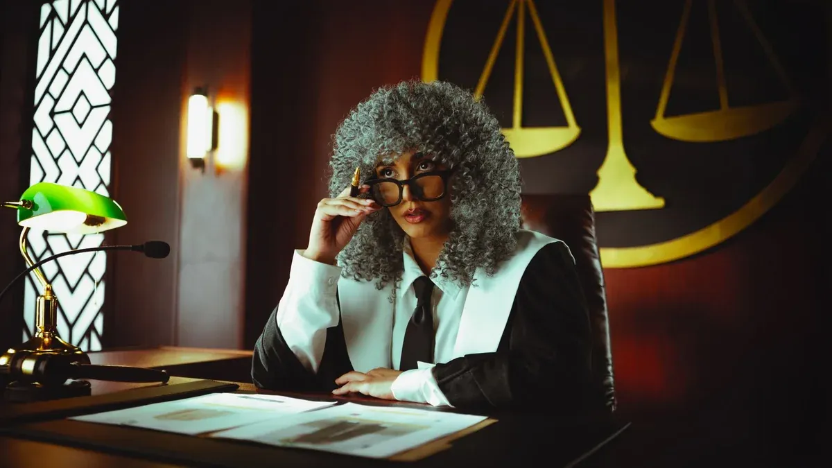 Judge in traditional attire sits at a courtroom desk with a serious expression.