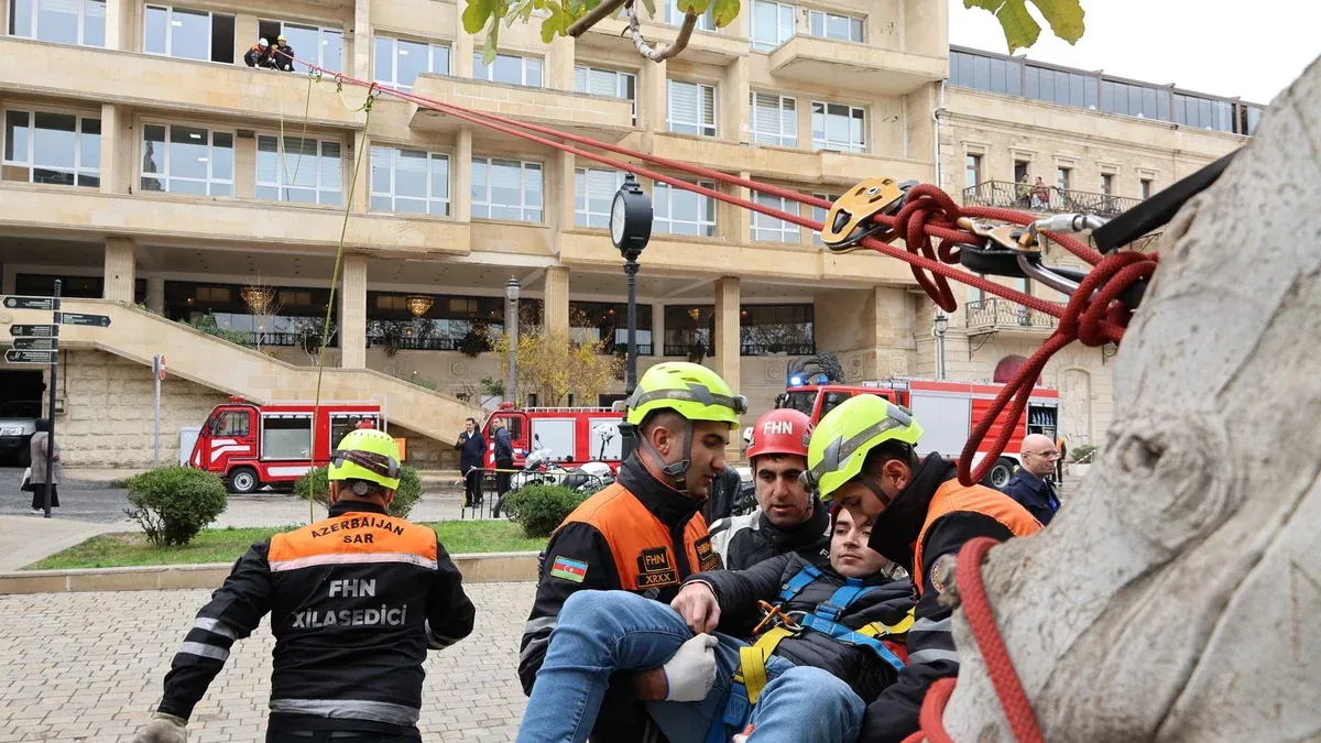 Azerbaijan search and rescue team conducting an outdoor rescue operation using ropes.