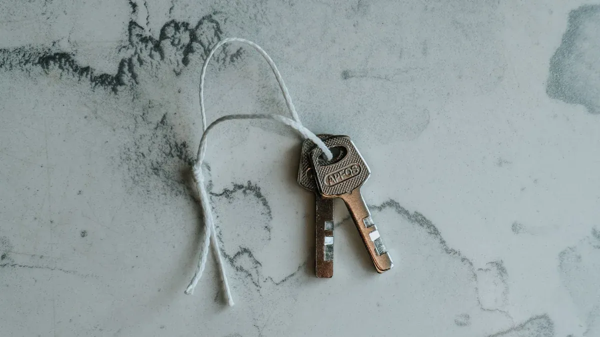 Two metal keys on a string against a marbled background, symbolizing security.