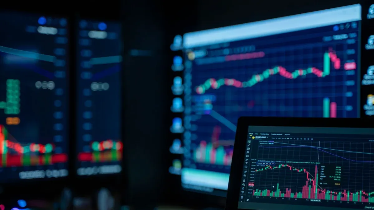 Monitors displaying stock market charts in a dimly lit room, perfect for finance and trading themes.
