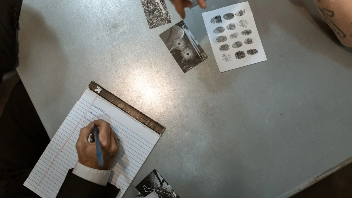 Officers at work reviewing evidence and taking notes in an investigation setting.