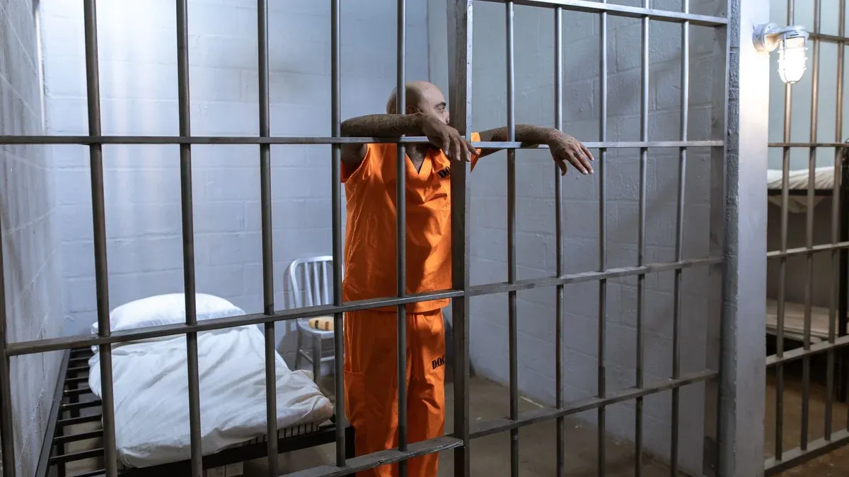 Prisoner in orange uniform standing in a jail cell with iron bars.
