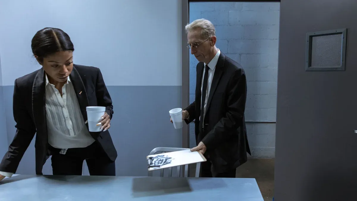 Two professionals in a secure office setting discussing confidential documents over coffee.