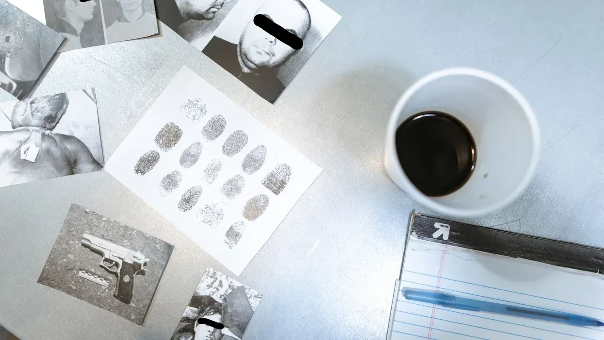 Flat lay of forensic evidence and police investigation documents on a desk.