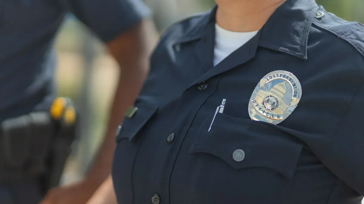 Close-up of police officers in uniform, displaying badge and radio outdoors.