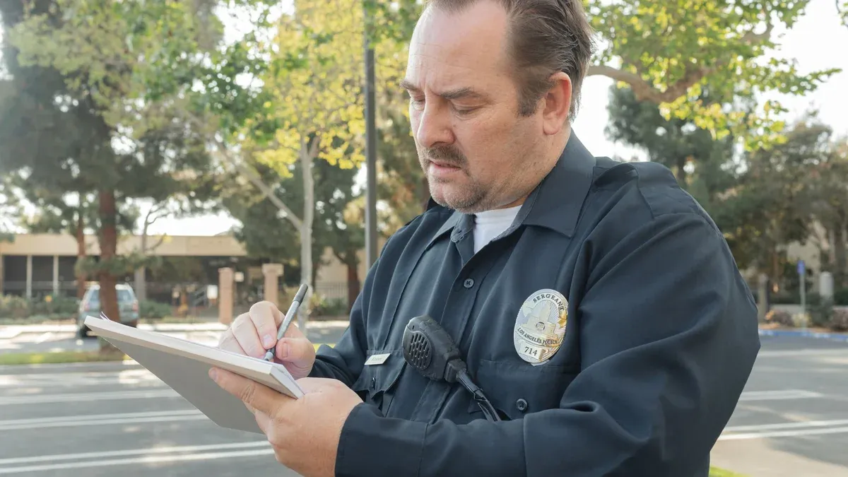 A police officer outdoors writing a report on a notepad. Trees in the background.