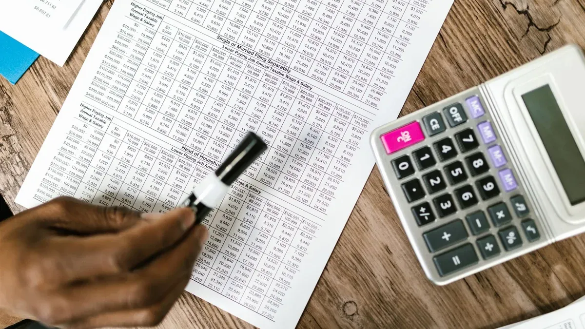 Close-up of tax documents and calculator on wooden table, highlighting financial analysis.