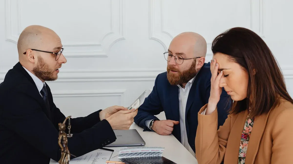 Lawyer discussing divorce settlement with distressed couple during tense meeting.