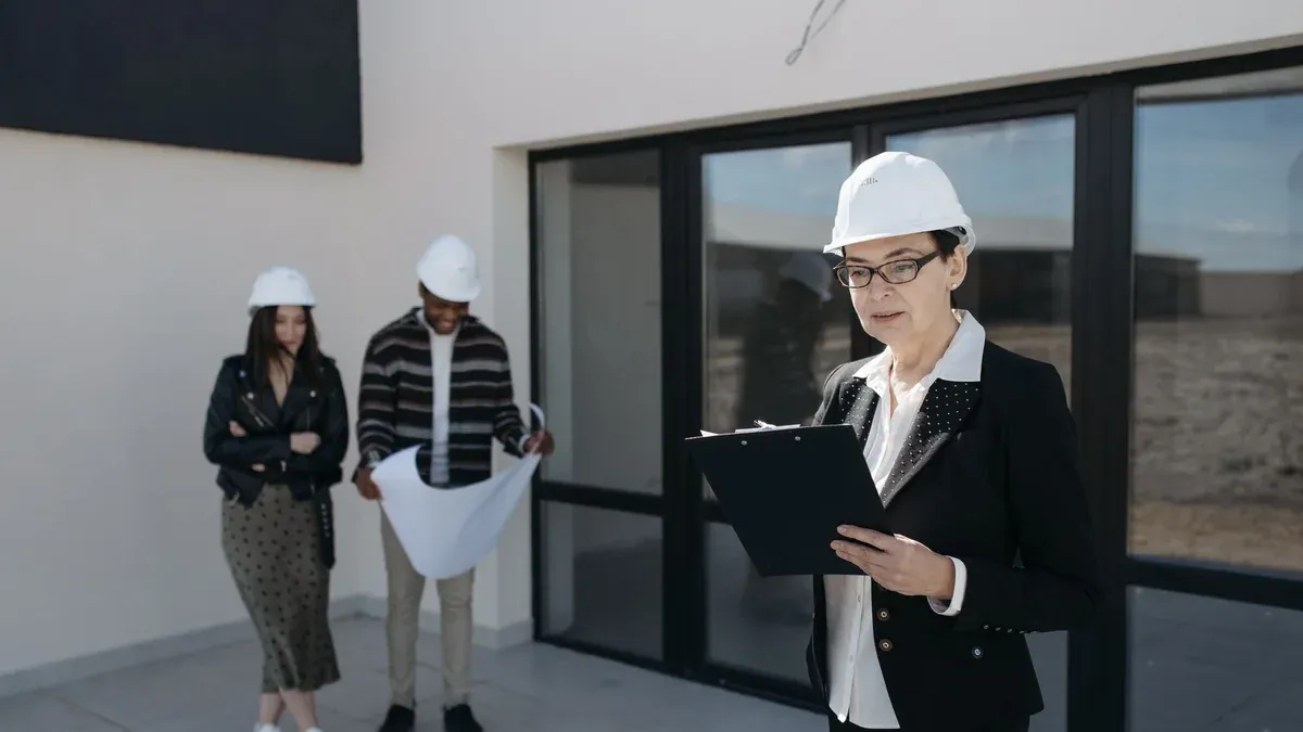 Architects in hard hats examining construction plans at a building site.