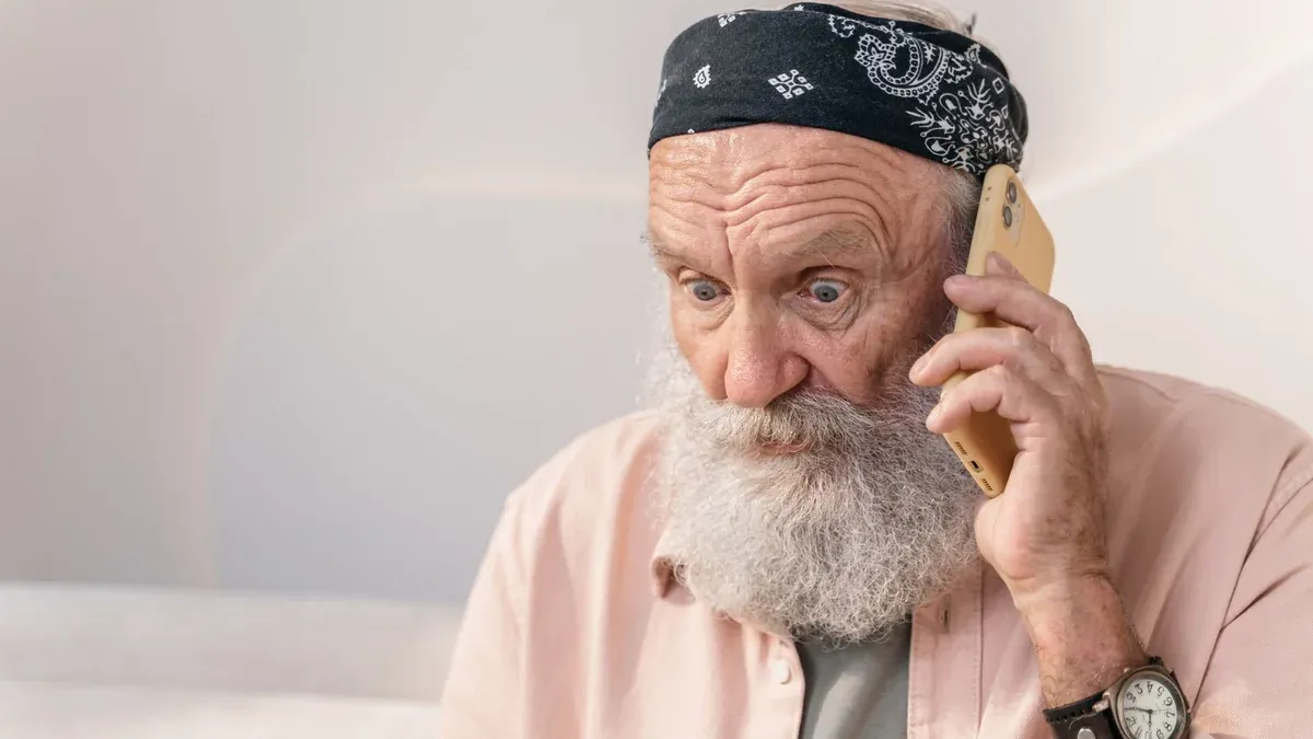 An elderly man with a beard looks surprised while on the phone indoors.