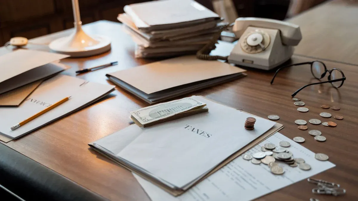 Close-up of an office desk with tax documents, coins, glasses, and an old phone, symbolizing finance and organization.