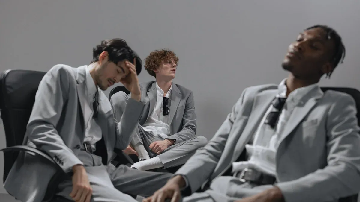A diverse group of office workers in gray suits sitting relaxed in chairs indoors.